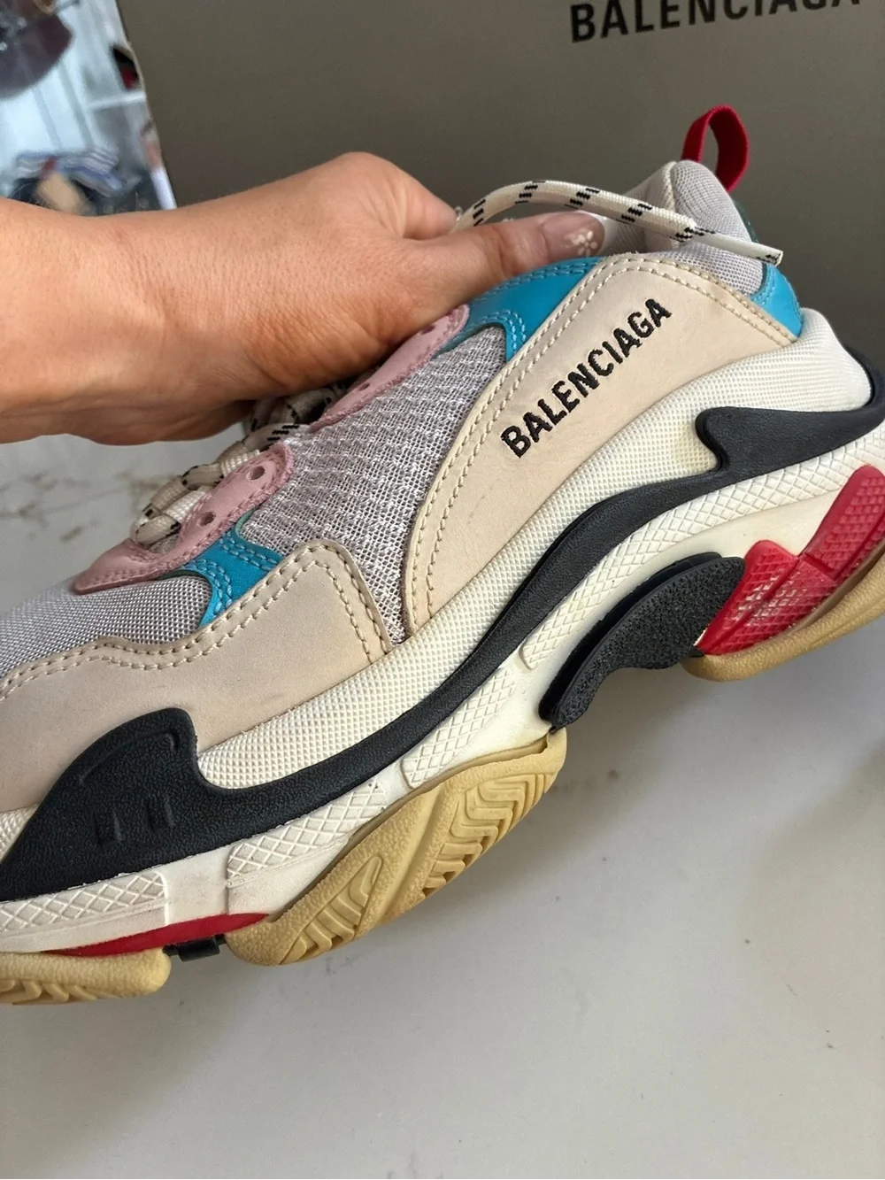 Balenciaga triple S Sneakers with Cream, Blue & Red Accents